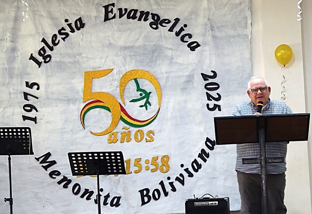 Steven (Tig) Intagliata preaches at the IEMB anniversary 50th anniversary celebration focusing on the Parable of the Sower from Luke 8. Tig recalls the agricultural environment in which the Bolivian church developed, and how the early members were the good seed and then became sowers of the seed in their own context. Photo by Linda Shelly.