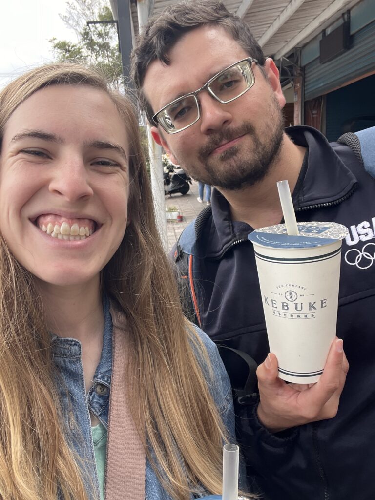 Stephanie and Caleb Schrock Hurst enjoy the first of many bubble teas in Taiwan.