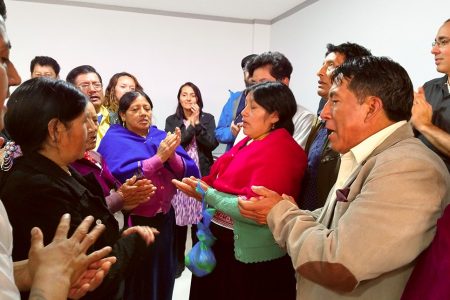 Leaders of the Camino de Salvación Kichwa church, in the southern part of Quito, worship with Ecuador partnership visitors, after a prayer of blessing for new leaders.