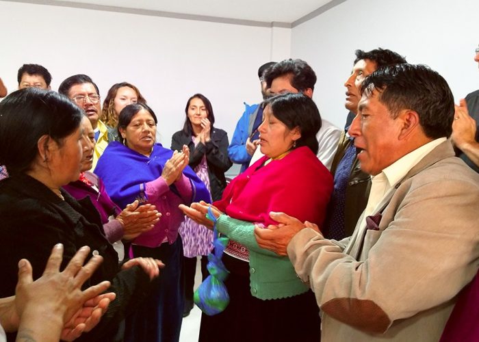 Leaders of the Camino de Salvación Kichwa church, in the southern part of Quito, worship with Ecuador partnership visitors, after a prayer of blessing for new leaders.