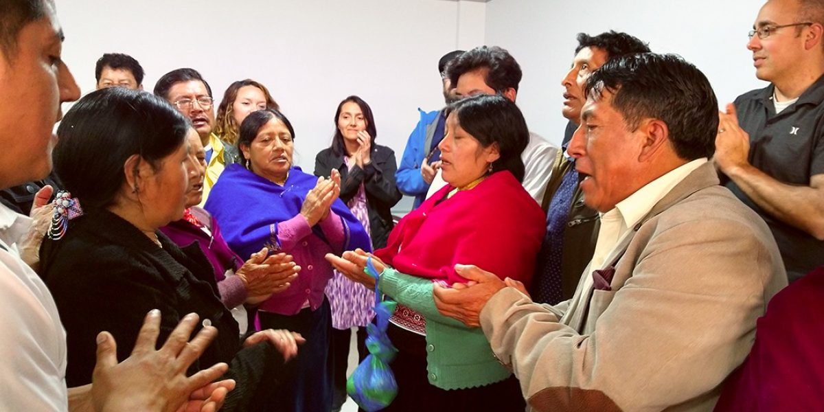 Leaders of the Camino de Salvación Kichwa church, in the southern part of Quito, worship with Ecuador partnership visitors, after a prayer of blessing for new leaders.