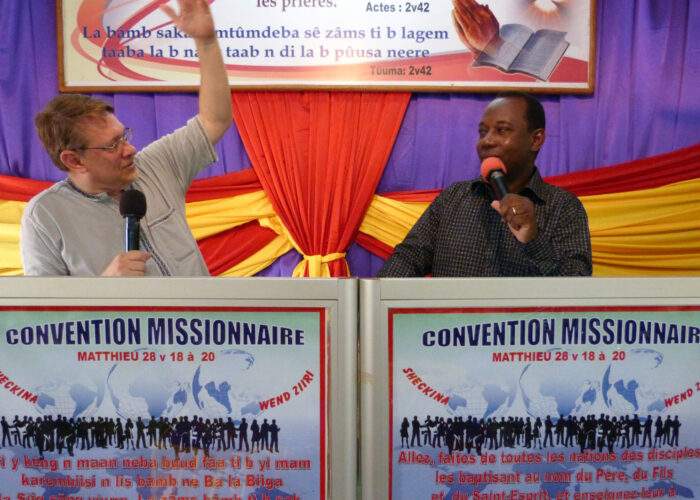 Bill Frisbie and François Xavier Compaoré enjoy teaching together in Burkina Faso. Photo courtesy of Bill Frisbie. Download full resolution image.