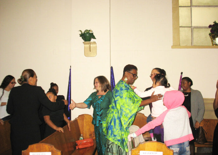 Sandy Miller (middle-left) and Ann Jacobs (middle-right) are co-leaders of the Work In Progress Ensemble along with Lefuarn Harvey (not pictured). Download full-resolution image.