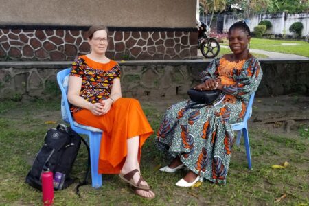 Michèle Sigg and Charly Ntumba Malembe take a break during the church history writing workshop in Kinshasa, DRC.
