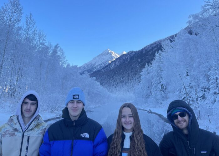 The 2025-26 Anchorage, Alaska, Service Adventure unit . Left to right: Ian Unzicker, Ruben Veigel, Adriana Duerksen and Mir Knego (unit leader). Photo by Michael Oyer.
