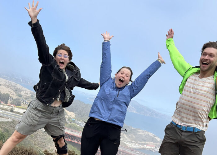 Savannah Roth Walter, Ana Esperanza Neufeld Weaver and Milo Jones along the coast in San Francisco