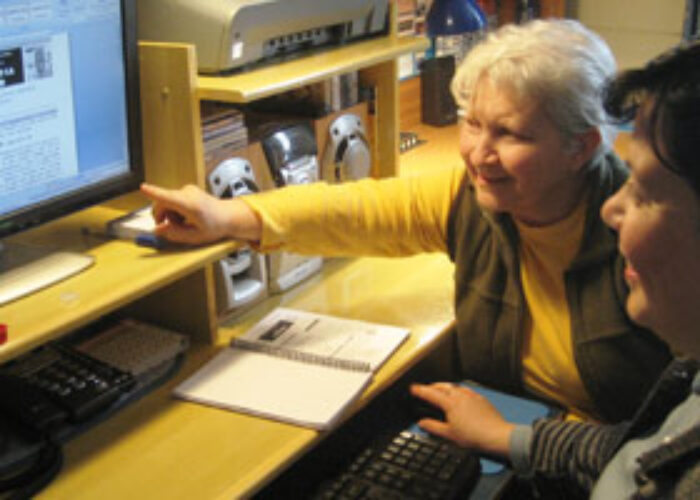 Marlene Dorigoni (near) and Wanda Sieber work together to design Bible study materials that address questions and concerns speci