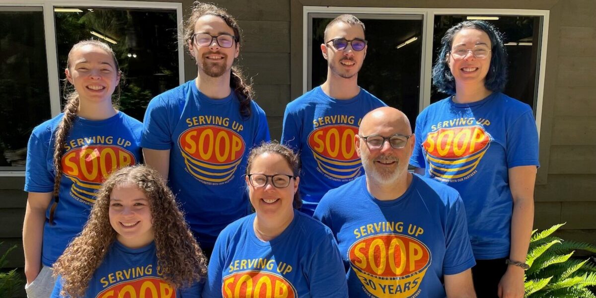 The Cobb family at Drift Creek Camp in matching SOOP shirts. Top row (left to right): Sydney, Ivan, Garrison, Emma. Bottom row (left to right): Alyssa (Ivan's wife), Jen, Adam. Photo provided.