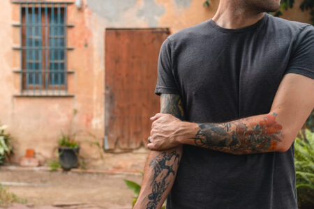 ​One of Josh Garber’s tattoos tells the story of Dirk Willems from Martyrs Mirror. Photographer: Alisha Garber.