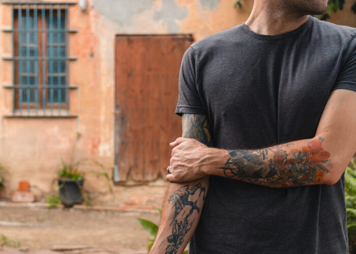 ​One of Josh Garber’s tattoos tells the story of Dirk Willems from Martyrs Mirror. Photographer: Alisha Garber.