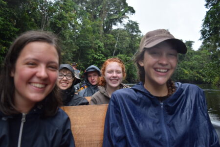 2018 Youth Venture participants learn about the biodiversity around the Zábalo River with Randy Boreman guiding the boat. From front to back