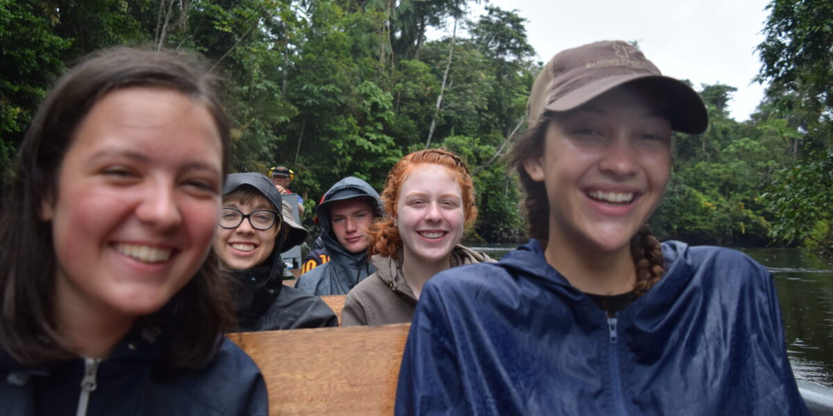 2018 Youth Venture participants learn about the biodiversity around the Zábalo River with Randy Boreman guiding the boat. From front to back