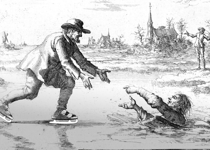 Dirk Willems saves his pursuer in this etching from the 1685 edition of Martyrs Mirror. Etching by Jan Luyken. Illustration by David Fast.