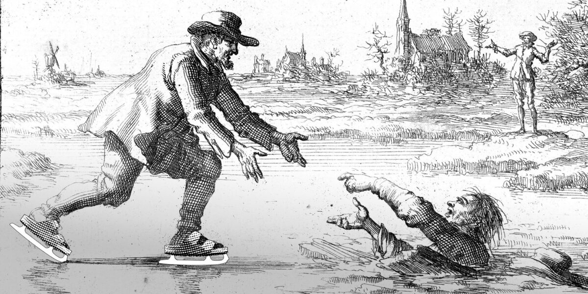 Dirk Willems saves his pursuer in this etching from the 1685 edition of Martyrs Mirror. Etching by Jan Luyken. Illustration by David Fast.