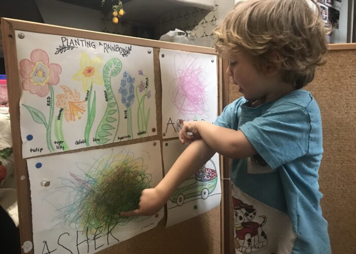 Asher Garber comments on his homeschool artwork during Barcelona’s lock-down due to COVID-19. Photo by Alisha Garber.