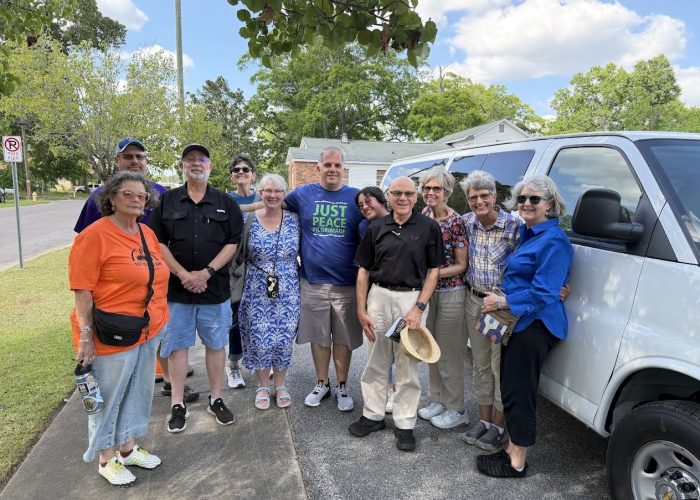 Eleven members of the Disciples of Christ denomination participated in a Civil Rights Just Peace Pilgrimage. From left to right: Becca Dixon, Lee West, Loy Hoskins, Natalie Dixon Crewell, Theta Miller, Jason Ault (Mission Network Development Representative), Sara Peachey (Mission Network Learning and Engagement Representative), Tom Mason, Sally Mason, Lois Rahal, D'Arcy Blosser.