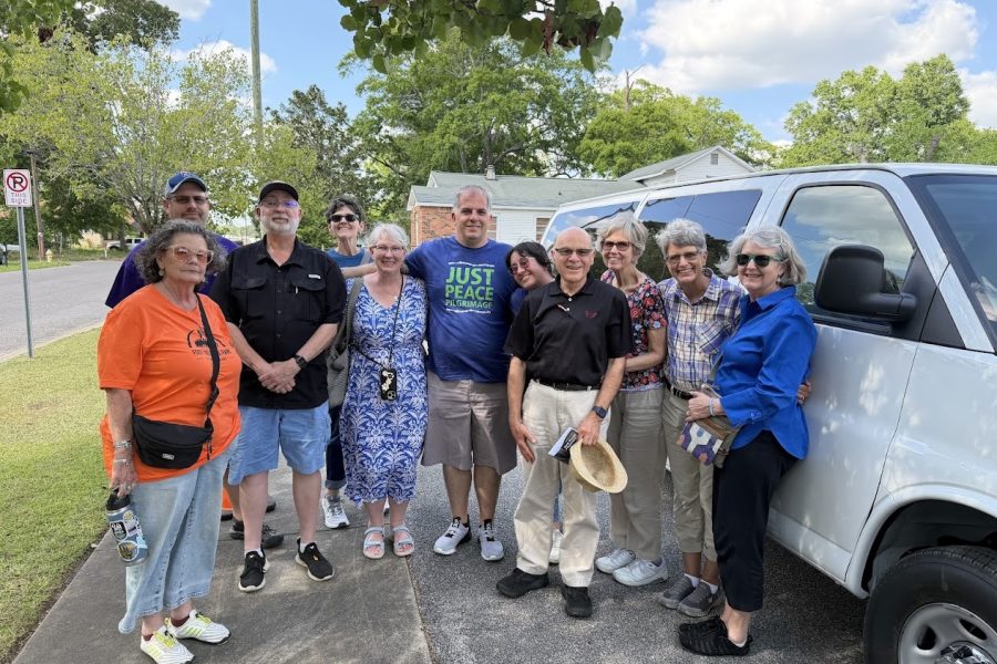 Eleven members of the Disciples of Christ denomination participated in a Civil Rights Just Peace Pilgrimage. From left to right: Becca Dixon, Lee West, Loy Hoskins, Natalie Dixon Crewell, Theta Miller, Jason Ault (Mission Network Development Representative), Sara Peachey (Mission Network Learning and Engagement Representative), Tom Mason, Sally Mason, Lois Rahal, D'Arcy Blosser.