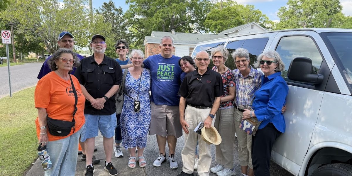 Eleven members of the Disciples of Christ denomination participated in a Civil Rights Just Peace Pilgrimage. From left to right: Becca Dixon, Lee West, Loy Hoskins, Natalie Dixon Crewell, Theta Miller, Jason Ault (Mission Network Development Representative), Sara Peachey (Mission Network Learning and Engagement Representative), Tom Mason, Sally Mason, Lois Rahal, D'Arcy Blosser.