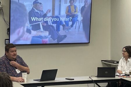 Andrew Suderman (left) and Joani Miller (right) give their presentation on Just Peace Pilgrimages at Pastors and Leaders Conference on February 19. Photo by Sara (née Gurulé) Peachey.