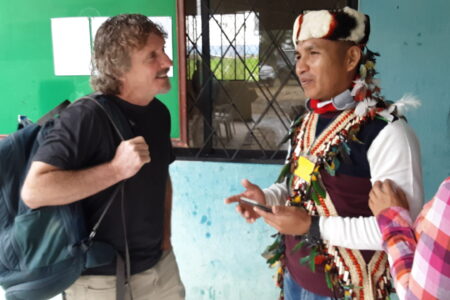 ​Clever Mashiant (right) of the Shuar indigenous group in the Ecuadorian Amazon reflects with Jerrell Ross Richer on following Christ in ways that are authentic in a multicultural context. Photo by Jane Ross Richer. 