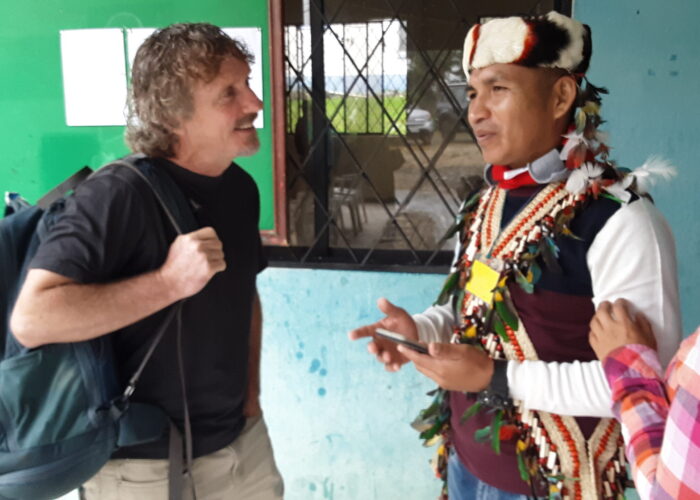 ​Clever Mashiant (right) of the Shuar indigenous group in the Ecuadorian Amazon reflects with Jerrell Ross Richer on following Christ in ways that are authentic in a multicultural context. Photo by Jane Ross Richer. 