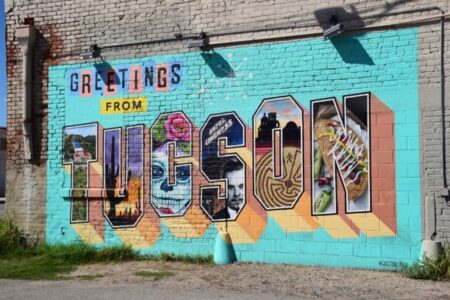 A mural in Tucson. The letters contain culturally significant things in the city
