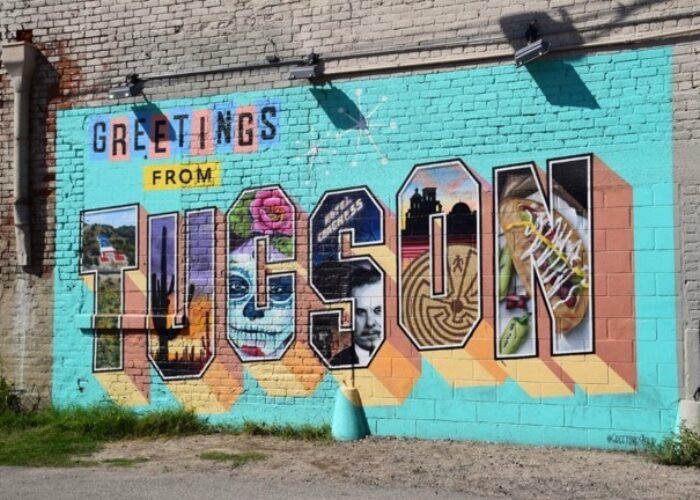 A mural in Tucson. The letters contain culturally significant things in the city