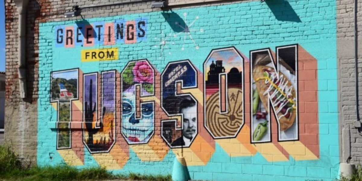 A mural in Tucson. The letters contain culturally significant things in the city