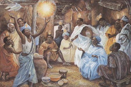 ​This Pentecost scene is one of a series of Jesus Mafa paintings inspired by biblical dramas enacted by a Christian community in Cameroon. Image credit: Vanderbilt Divinity Library.