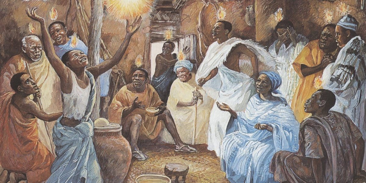 ​This Pentecost scene is one of a series of Jesus Mafa paintings inspired by biblical dramas enacted by a Christian community in Cameroon. Image credit: Vanderbilt Divinity Library.