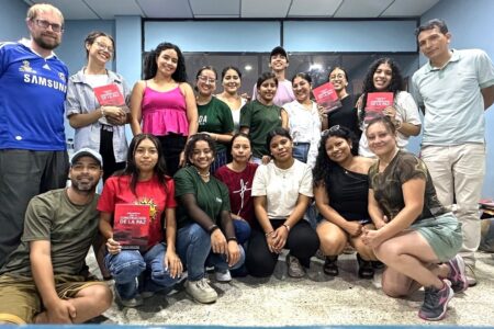 Youth from Portoviejo, Pacoche, Montecristi and Manta, representing Iglesia Evangélica Menonita Ecuadoriana (conference most impacted by the violence), recently participated in a 10-day discipleship workshop at La Paz Mennonite Church in Manta, A day of peacebuilding training was led by four members of the peacebuilding team. Front: Silvia Guaman (middle) and Patricia Abarca (far right), and back: Peter Wigginton (far left) and José Giler (far right). Photo provided.