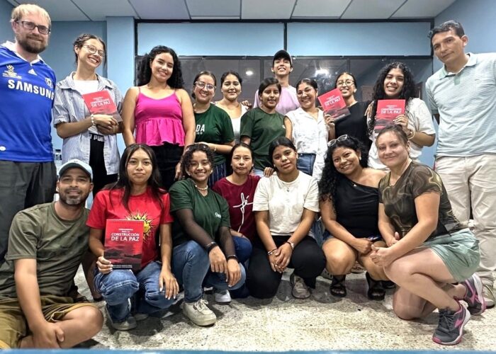 Youth from Portoviejo, Pacoche, Montecristi and Manta, representing Iglesia Evangélica Menonita Ecuadoriana (conference most impacted by the violence), recently participated in a 10-day discipleship workshop at La Paz Mennonite Church in Manta, A day of peacebuilding training was led by four members of the peacebuilding team. Front: Silvia Guaman (middle) and Patricia Abarca (far right), and back: Peter Wigginton (far left) and José Giler (far right). Photo provided.