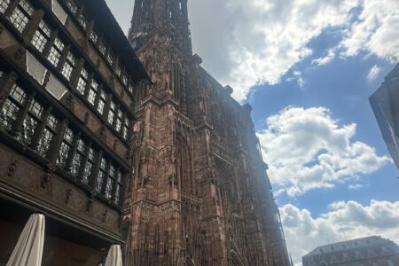 Rounding the corner to the Notre Dame Cathedral of Strasbourg.