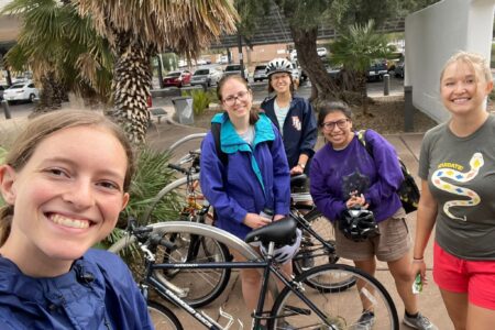 While some units have access to a vehicle, every group gets well accustomed to local public transportation and biking as means of getting around. The 2023-24 MVS Tucson unit on a weekend biking outing around the city. Left to right: Hannah Nuest, Deborah Yoder, Magdalena Wenger, Nely Cotuc, and Ally Weaver. Photo by Hanna Nuest.