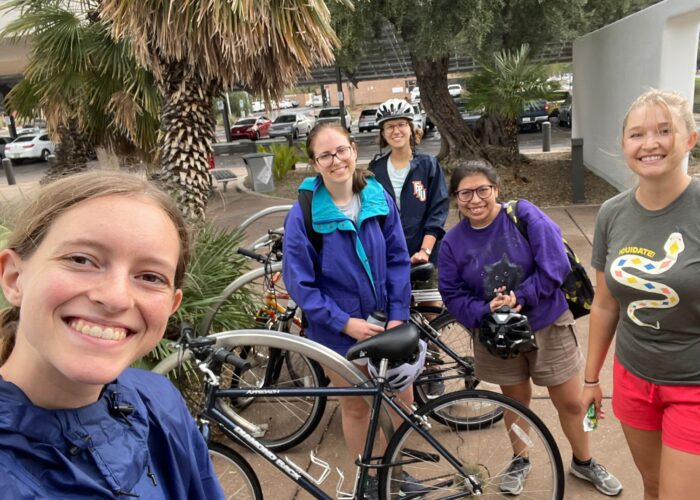 While some units have access to a vehicle, every group gets well accustomed to local public transportation and biking as means of getting around. The 2023-24 MVS Tucson unit on a weekend biking outing around the city. Left to right: Hannah Nuest, Deborah Yoder, Magdalena Wenger, Nely Cotuc, and Ally Weaver. Photo by Hanna Nuest.