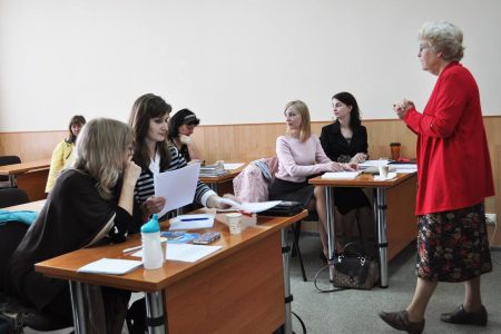 ​Mary Raber teaches a women's history course at Odessa Theological Seminary in 2018. Photo provided.