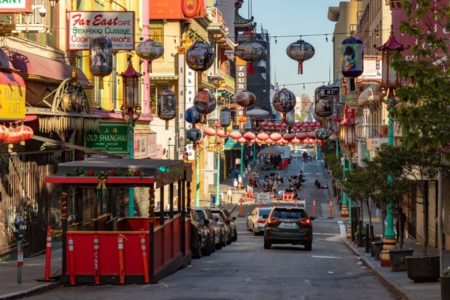 Grant Avenue in San Francisco's Chinatown, lined with shops and red paper lanterns strung overhead