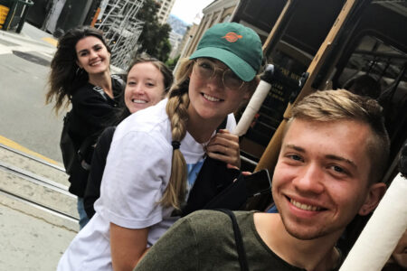 ​MVSers enjoy a ride on a cable car in San Francisco in August 2019. From left: Irena Xhari