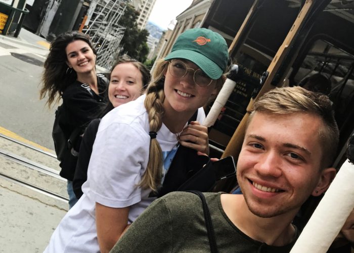 ​MVSers enjoy a ride on a cable car in San Francisco in August 2019. From left: Irena Xhari