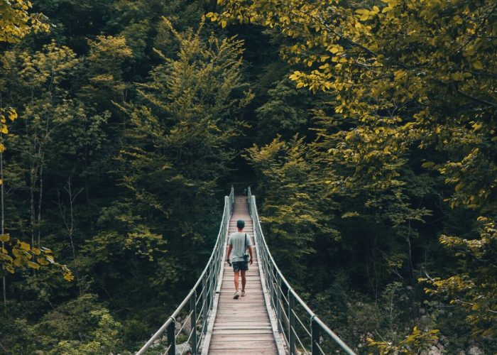 A person on a wooden footbridge.