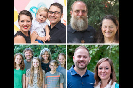 These international Mennonite Mission Network service workers will be at MennoCon 2019. Clockwise from left to right are Alisha and Joshua Garber and their son