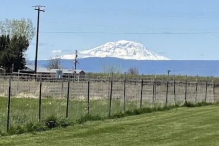Participants on a Just Peace Pilgrimage to the lands of Confederated Tribes and Bands of the Yakama Nation were greeted by Pahto (Mt. Adams), a sacred mountain at the center of Yakama cosmology. Photo by Bruce Kuhns.