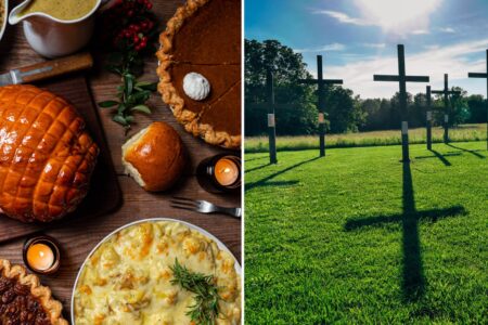 Food on a table next to a field of crosses