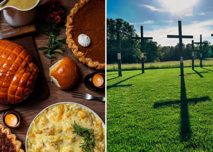 Food on a table next to a field of crosses