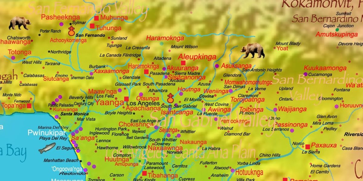 ​Map with the original names and locations of each of tribal community and their sacred sites overlaid with the current map of southern California. Photo provided.  